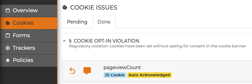 An auto acknowledged cookie in the DONE list of cookie violations